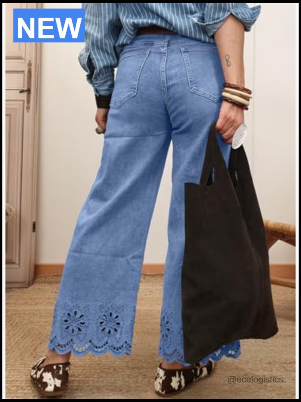 Wide Leg Embroidered Jeans High Waisted Stretchy Straight Leg Loose Fit Ankle - Picture 2 of 7